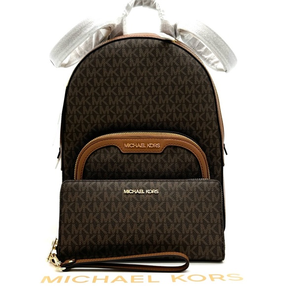 Michael Kors Jaycee Medium Backpack & Continental Wallet Wristlet Brown/Gold